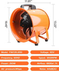 8-Inch High-Velocity Portable Blower Fan With 33-Foot Flexible Duct Hose Heavy-Duty Industrial Exhaust Ventilator Delivers 3150 RPM Beastly Low-Noise Airflow For Basements Workshops Warehouses And Confined Spaces shown in orange metal with specs