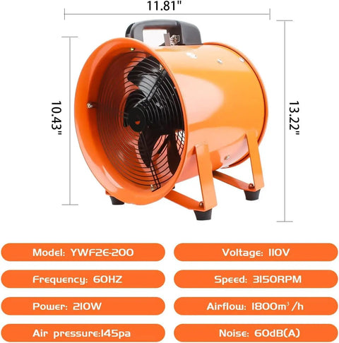 8-Inch High-Velocity Portable Blower Fan With 33-Foot Flexible Duct Hose Heavy-Duty Industrial Exhaust Ventilator Delivers 3150 RPM Beastly Low-Noise Airflow For Basements Workshops Warehouses And Confined Spaces shown in orange metal with specs