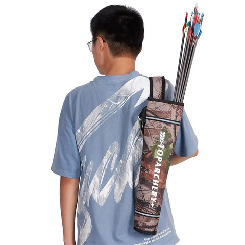 Person wearing a Camouflage Arrow Quiver Backpack For Adults, Large Capacity Hip Quiver Holder with arrows, outdoor use.