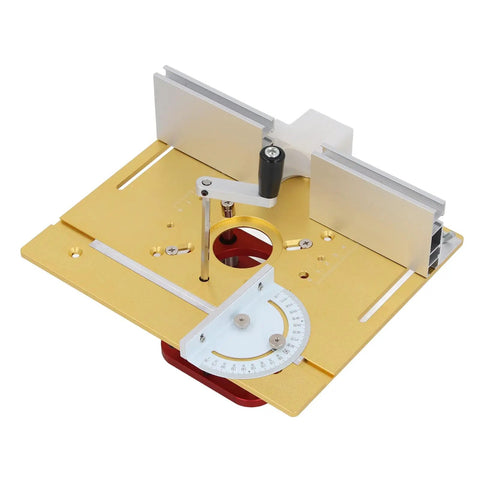 Built Tough Manual Router Lift Kit Featuring Precision Aluminum Base And Four Jaw Clamp Setup For Serious Woodworkers with a golden clamping surface.
