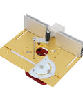 Premium Manual Router Lift System Featuring Heavy Duty Aluminum And Stainless Steel Construction For Dead Nuts Accuracy And Slick Table Operation Crafted For Hardcore DIY Woodshop Upgrades, showing an adjustable router table with precision knobs.