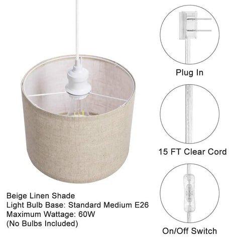 Plug In Pendant Light With 15 Ft Clear Cord Beige Linen Shade On Off Switch Hanging Ceiling Light details