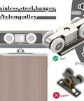 Stainless steel hanger and nylon pulley mechanism for Upgrade Your Pad With This Heavy Duty Double Bypass Sliding Barn Door Hardware Kit.