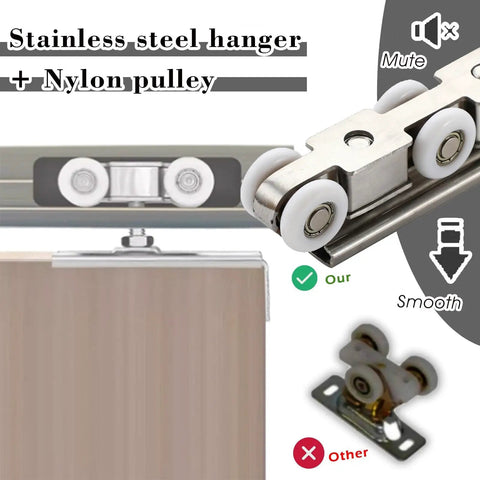 Stainless steel hanger and nylon pulley mechanism for Upgrade Your Pad With This Heavy Duty Double Bypass Sliding Barn Door Hardware Kit.