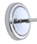 Back view of Lit Chrome 2 Light Industrial Farmhouse Vanity Light Wall Sconce with round chrome mounting plate for bathroom mirror.