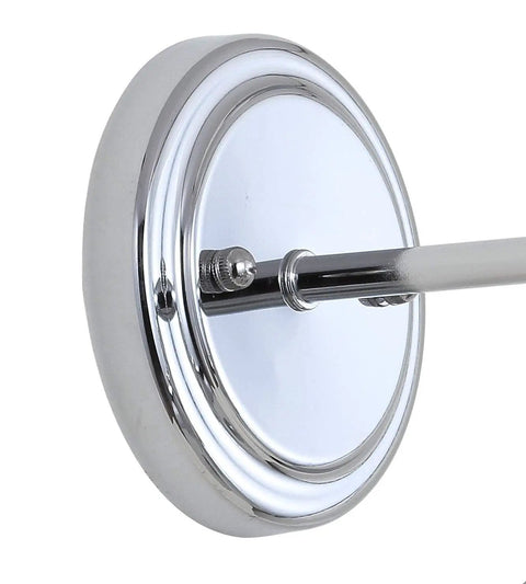 Back view of Lit Chrome 2 Light Industrial Farmhouse Vanity Light Wall Sconce with round chrome mounting plate for bathroom mirror.