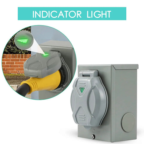 50 Amp Generator Inlet Box NEMA 3R Plug for Indoors Or Outdoors All Weather, 125/250V, 3 Prong, Waterproof Transfer Switch Inlet, Up to 12,500 Watts, ETL Listed, RV Ready Power Inlet Box with green indicator light