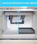 Under-sink view with 34 Inch By 22 Inch Under Sink Mat Waterproof Silicone Drip Tray protecting cabinet from leaks and spills.