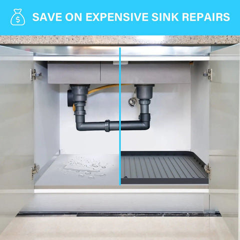 Under-sink view with 34 Inch By 22 Inch Under Sink Mat Waterproof Silicone Drip Tray protecting cabinet from leaks and spills.