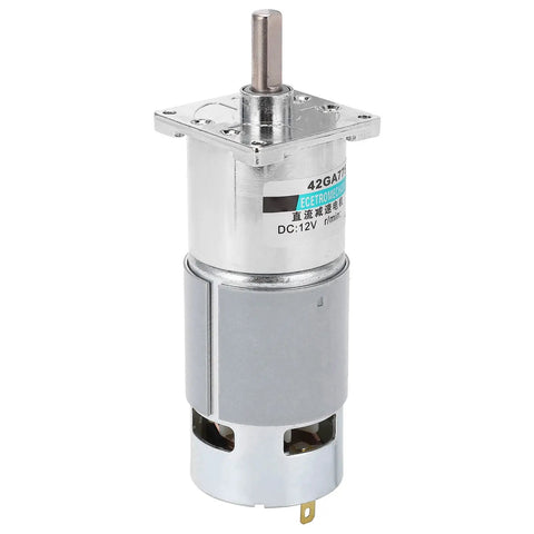 Solid 42GA775 DC Gear Motor 12V Low Speed Reversible CW CCW With All Metal Gears Overcurrent Protection for Automation And Robotics Builds, showing compact design and metal gear construction.