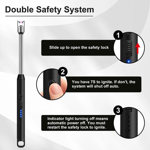 2 Pack USB C Rechargeable Candle Lighters With 360 Degree Flexible Neck And Safety Lock shown with double safety system