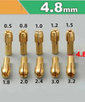 Top Notch Drill Chuck Collets 100 Piece Set Fits 0.5 To 3.2Mm Drive Bits displaying various brass collets from 0.5mm to 3.2mm with 4.8mm shank.