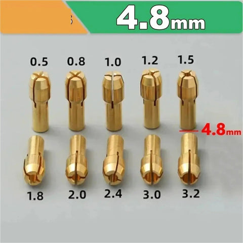 Top Notch Drill Chuck Collets 100 Piece Set Fits 0.5 To 3.2Mm Drive Bits displaying various brass collets from 0.5mm to 3.2mm with 4.8mm shank.