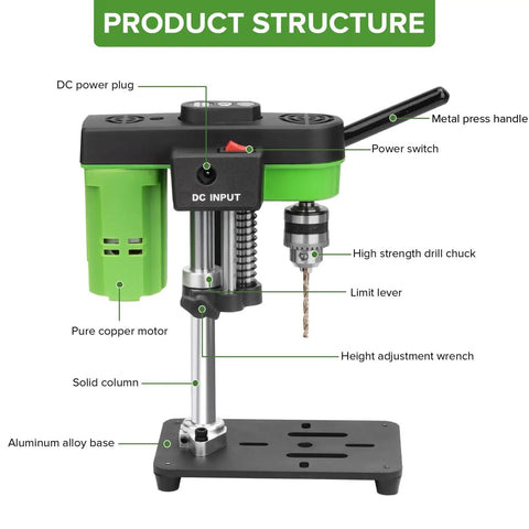 Compact Mini Bench Drill Press For Home Use High Precision And Low Noise Operation with DC power plug and drill chuck.