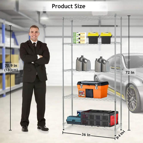 Heavy Duty 5 Tier Adjustable Metal Storage Shelves, Rugged Wire Rack Holding 250 Lbs Per Shelf, No Sweat Tool Free Assembly, 36 X 14 X 72 Inch Chrome Shelving Unit For Garage Closet Pantry Organization