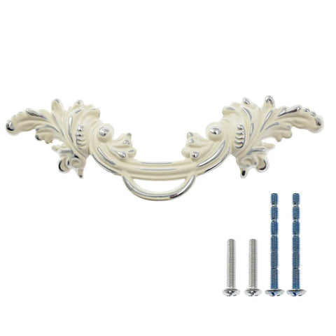 8 Pack 2.5 Inch Drawer Pull Handles Vintage Cabinet Knobs Shabby Chic European Style Antique Cream White With Silver Edge, screws shown