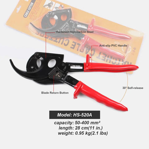 Heavy Duty Ratcheting Cable Cutter For Aluminum And Copper Wires Up To 400 Mm2 With One Hand Operation, model HS-520A with details