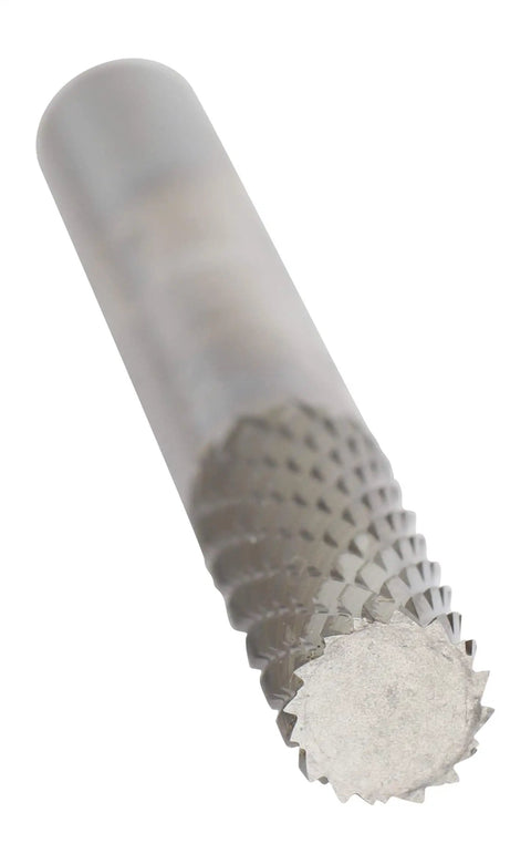 Close-up of a single burr from the 8 Piece Pro Grade Carbide Burr Set For Metal Removal With 1/4 Inch Cutting Diameter And 1/4 Inch Shank