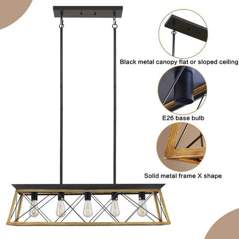 Industrial Farmhouse Black Pendant Light Five Lights For Kitchen Island And Dining Space Modern Linear Rectangle Hanging Fixture With X Shaped Frame Rustic Chandelier For Living Room Bedroom Foyer Bar Retro Vibe