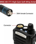 Dual Band Ham Radio Antenna 15.15 Inch Soft Whip SMA Female Connector with Baofeng Radio shown in detail view.