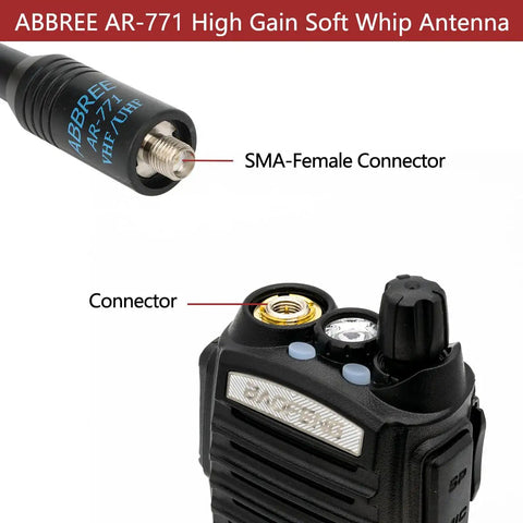 Dual Band Ham Radio Antenna 15.15 Inch Soft Whip SMA Female Connector with Baofeng Radio shown in detail view.
