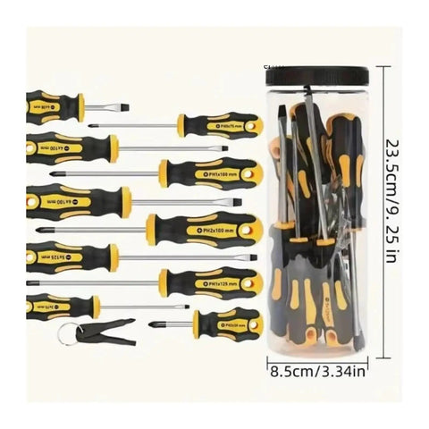 Top Notch 43 Pcs Magnetic Screwdriver Kit Slotted Phillips Hex And Torx Bits Perfect For Delicate Electronic Fixes Serious DIY Work And Pro Jobs To Get It Done Flawless Total Game Changer For Any Toolbox. 23.5cm storage tube with black and yellow screwdrivers