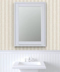 Botanical Stripe Vinyl Wallpaper With Subtle Leather Texture And Dang Durable Type Two Commercial Grade Wallcovering on bathroom wall with sink and mirror.