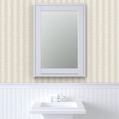 Botanical Stripe Vinyl Wallpaper With Subtle Leather Texture And Dang Durable Type Two Commercial Grade Wallcovering on bathroom wall with sink and mirror.