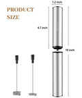 Rechargeable Milk Frother With USB, dimensions showing 10-inch length, 1.2-inch width, with 2 detachable stainless steel whisks