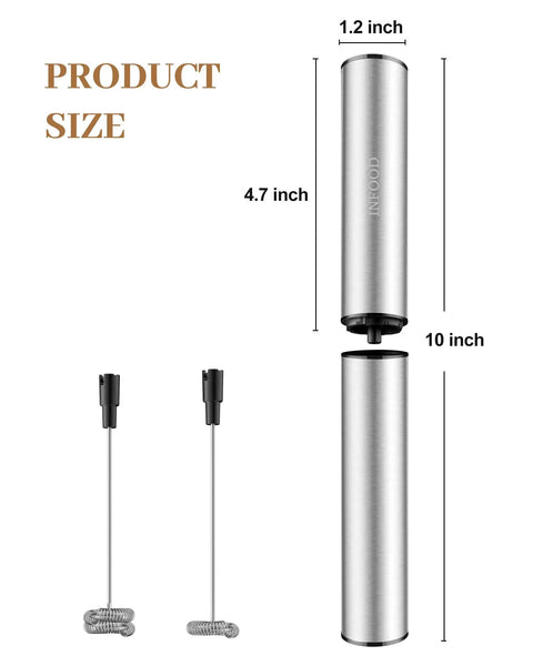 Rechargeable Milk Frother With USB, dimensions showing 10-inch length, 1.2-inch width, with 2 detachable stainless steel whisks