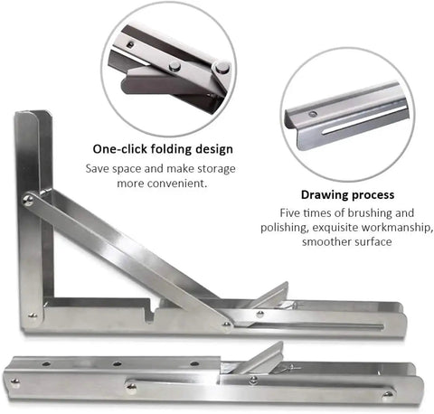Four Pack Folding Shelf Brackets Built To Last Heavy Duty Wall Mount Triangle Design For Floating Shelves And Desks, silver closeup