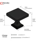 25 Pack Matte Black Square Cabinet Knobs For Dresser Drawers Zinc Alloy Hardware with screws, dimensions shown