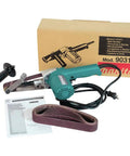 1-1/8 Inch By 21 Inch Belt Sander With Narrow Belt And Exposed Front Pulley For Tight Spaces next to accessories and box.