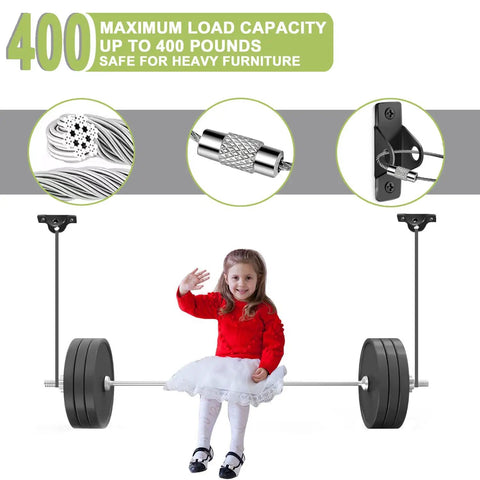 Child on barbell with Six Pack Anti Tip Wall Anchors for Furniture Heavy Duty Metal Dresser Cabinet Baby Proofing Earthquake Safe Solution