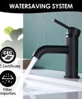 Single Handle Matte Black Bathroom Faucet With Metal Drain Assembly And Escutcheon Water Efficient 1.2 GPM Flow on countertop