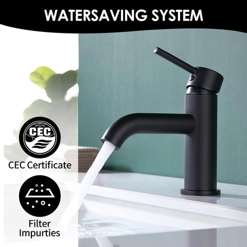 Single Handle Matte Black Bathroom Faucet With Metal Drain Assembly And Escutcheon Water Efficient 1.2 GPM Flow on countertop