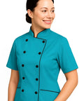 Pro Level Short Sleeve Tailored Fit Chef Jacket For Women Smooth Turquoise Double Breasted Kitchen Uniform, short sleeves.
