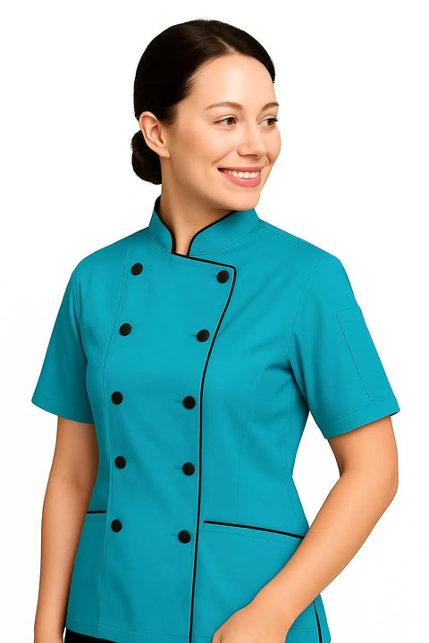 Pro Level Short Sleeve Tailored Fit Chef Jacket For Women Smooth Turquoise Double Breasted Kitchen Uniform, short sleeves.