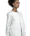 Women Snap Front Warm Up Jacket White Large With Round Neck Short Length Featuring Two Big Patch Pockets And A Handy Cell Phone Pocket