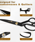 Heavy Duty 10 Inch Fabric Scissors Set With SK5 High Carbon Steel Do It All Pro Grade Shears And Built-In Measuring Tape For Sewing, Quilting, And DIY Crafts Includes Tailor Chalk Seam Ripper And Wrench Made In Solingen Germany, black fabric scissors close-up