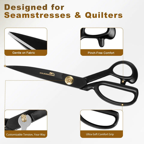 Heavy Duty 10 Inch Fabric Scissors Set With SK5 High Carbon Steel Do It All Pro Grade Shears And Built-In Measuring Tape For Sewing, Quilting, And DIY Crafts Includes Tailor Chalk Seam Ripper And Wrench Made In Solingen Germany, black fabric scissors close-up
