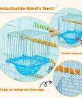 Detachable Bird's Nest with wire guard shown hanging in a bird cage, featuring double sided opening and secure setup.