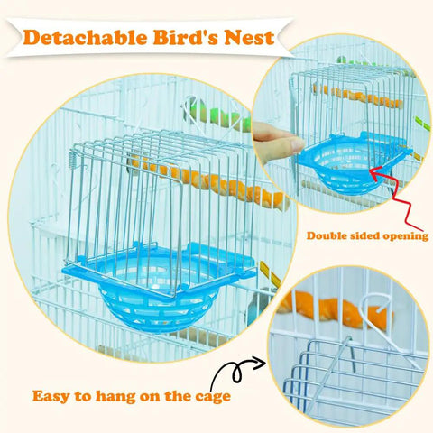 Detachable Bird's Nest with wire guard shown hanging in a bird cage, featuring double sided opening and secure setup.