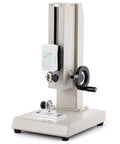 Manual Force Gauge Stand With Hand Wheel Control Eight Point Six Inch Stroke Beefy One Thousand Newtons Load Capacity Includes Two Testing Clamps Compression And Tension Testing For ZMF And EF Force Gauges, steel frame, side view