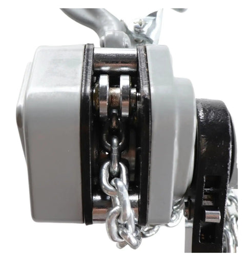 Close-up of Heavy Duty 0.25 Tons Hand Chain Hoist Made From Solid Aluminum Alloy with chain link and lever mechanism detail.