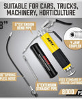 Heavy Duty Grease Gun Kit With Free 14oz Tube 8000 PSI Pistol High Pressure Lubrication Tool Flexible Hose displayed with parts
