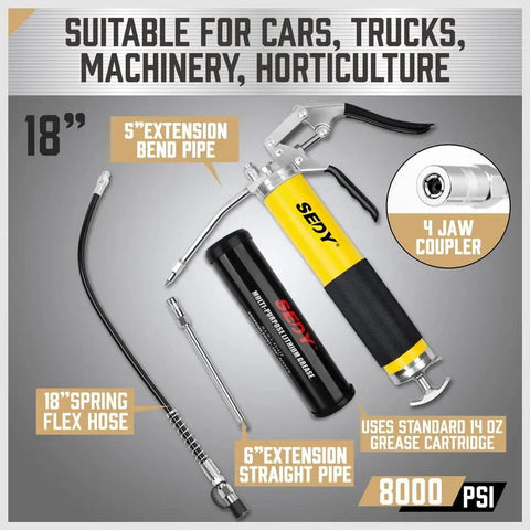 Heavy Duty Grease Gun Kit With Free 14oz Tube 8000 PSI Pistol High Pressure Lubrication Tool Flexible Hose displayed with parts