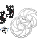 Top Notch Mechanical Disc Brake Kit For Mountain Bike With Front And Rear Rotors And Dual Knob Aluminum Calipers In Silver components including dual calipers and rotors.