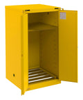 Heavy Duty Flammable Storage Cabinet That Locks Down Tight For Hazardous Chemicals With Ventilated Bungs And Leak Proof Base Built Damn Solid For Real Professional Shop Safety, open view showcasing shelves and yellow metal finish.