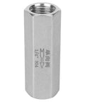Stainless steel hex check valve with 1/4 inch BSPP female thread; front view showing flow arrow and 304 stamp